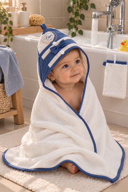 Erkek Bebek Banyo Havlusu Bebek Kesesi Hediye! Lacivert