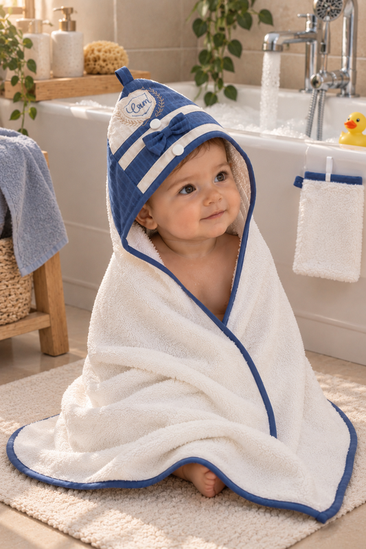 Erkek Bebek Banyo Havlusu Bebek Kesesi Hediye! Lacivert