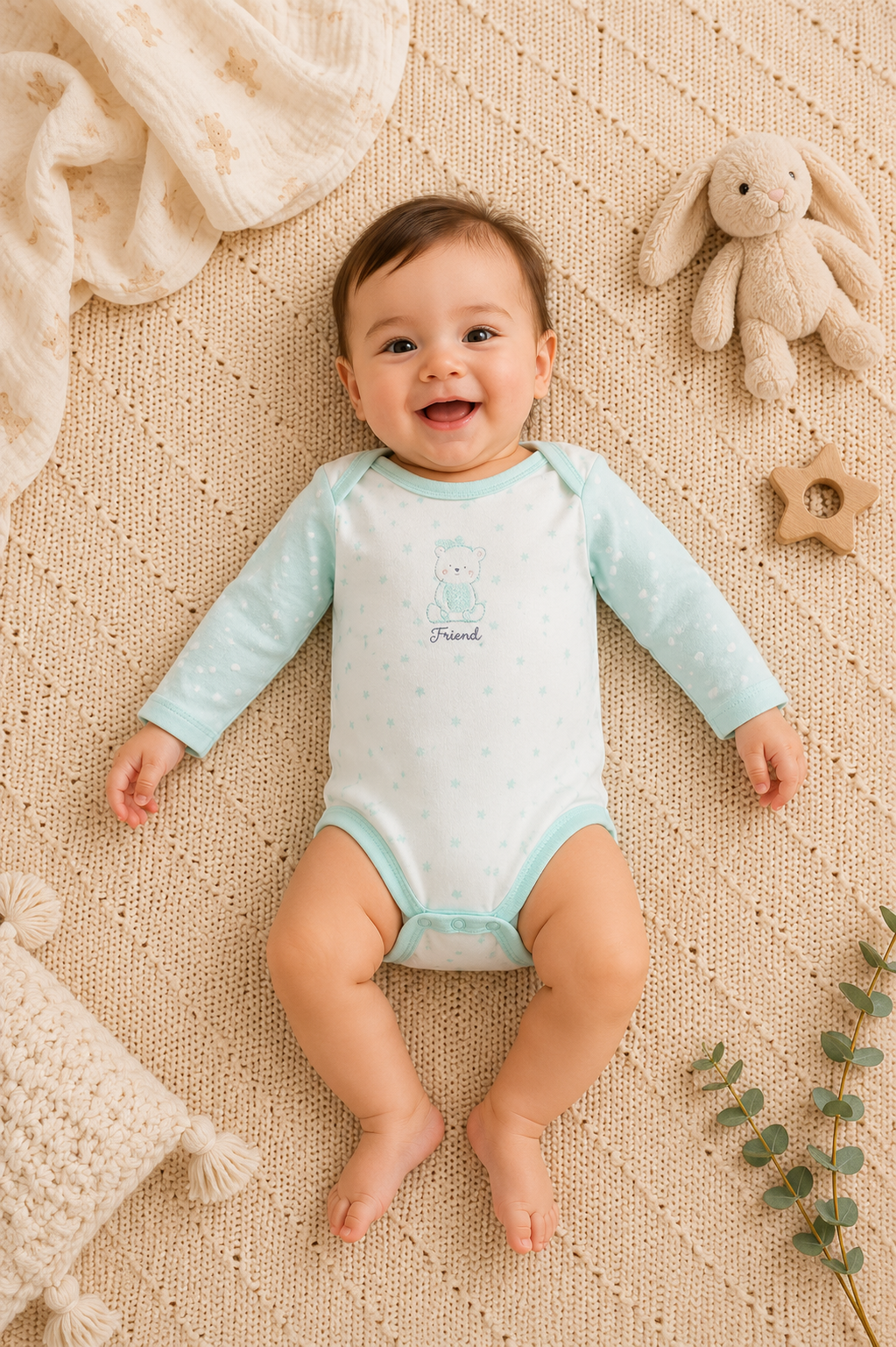 2li Bebek Body Yeşil Beyaz- %100 Pamuklu, Antialerjik